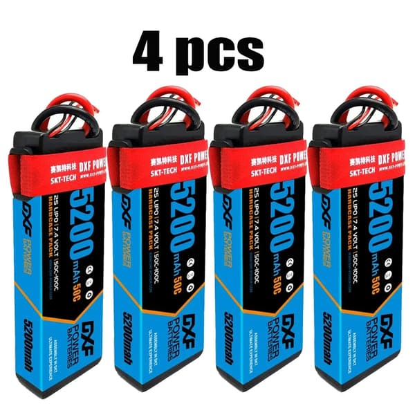 Lipo-batteri, 5200mAh kapacitet, 7.4V spänning, 50C urladdningshastighet,4PCS 2S 5200 Deans