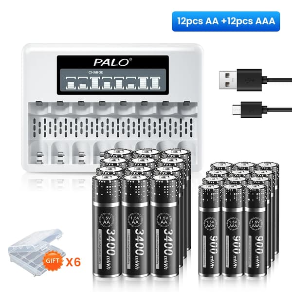 1.5V genopladelige lithium-ion-batterier, 3400mWh AA, 900mWh AAA, hurtigoplader,12AA 12AAA 1Lader