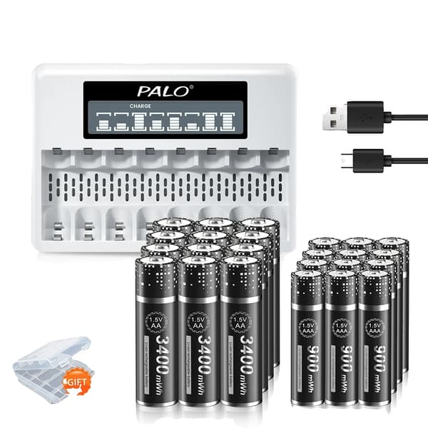 1.5V genopladelige lithium-ion-batterier, 3400mWh AA, 900mWh AAA, hurtigoplader,12AA 12AAA 1Lader