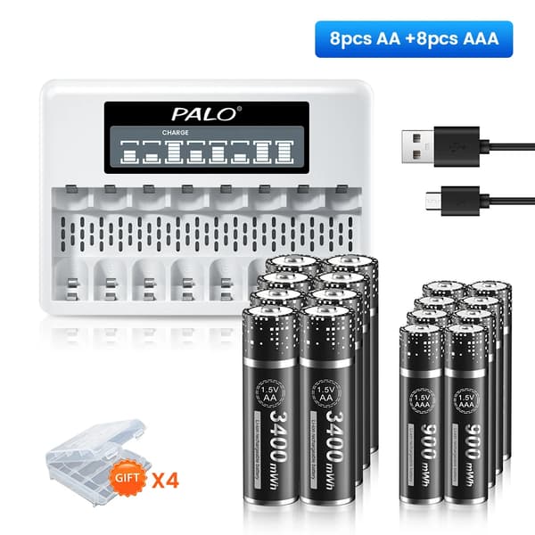 1.5V genopladelige lithium-ion-batterier, 3400mWh AA, 900mWh AAA, hurtigoplader,8AA 8AAA 1Lader