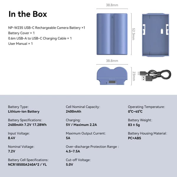 Uppladdningsbart kamerabatteri, 2400mAh kapacitet, USB-C laddning, bred kompatibilitet,(Blå) 4266