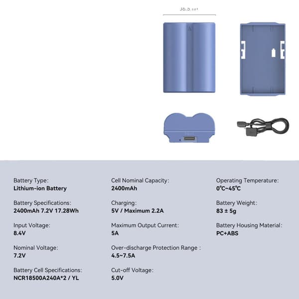 Uppladdningsbart kamerabatteri, 2400mAh kapacitet, USB-C laddning, bred kompatibilitet,(Blå) 4266