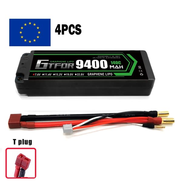 LiPo-batteri, 9400mAh, 140C,4PCS 7.6V 9400 T 5mm