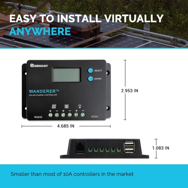 Solcelleladeregulator, 10A Kompakt Design, LCD Skærm, 10A