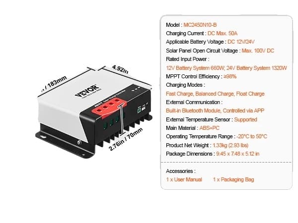 MPPT Solcelleladeregulator, Bluetooth-modul, Opladning af forseglede og lithiumbatterier, 30A 50A