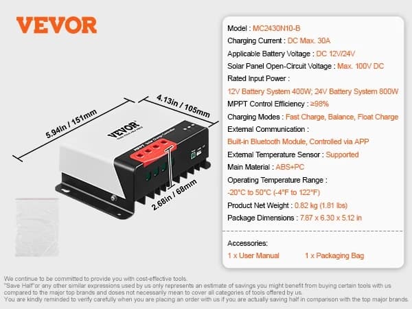 MPPT Solcelleladeregulator, Bluetooth-modul, Opladning af forseglede og lithiumbatterier, 30A