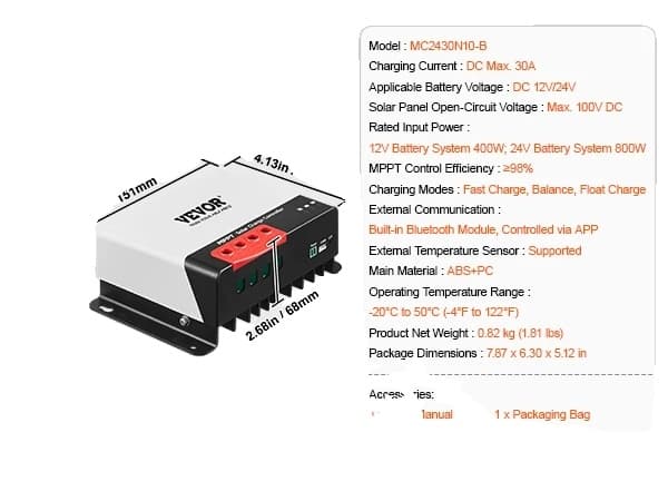 MPPT Solcelleladeregulator, Bluetooth-modul, Opladning af forseglede og lithiumbatterier, 30A