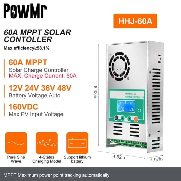 Solceladekontrol, MPPT-teknologi, Parallelversion, Gul, 60A