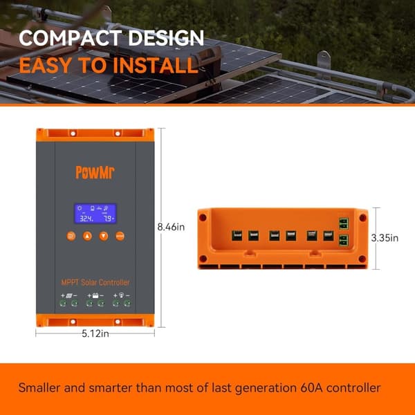 PowMr MPPT aurinkopaneeliohjain, enimmäiskapasiteetti 60A, yhteensopivuus 12V-48V,MPPT 60A, 12V 24V 36V 48V Automaattinen