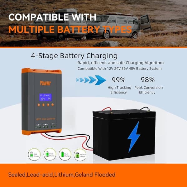 PowMr MPPT aurinkopaneeliohjain, enimmäiskapasiteetti 60A, yhteensopivuus 12V-48V,MPPT 60A, 12V 24V 36V 48V Automaattinen