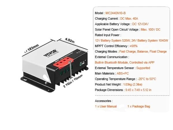 MPPT Aurinkolatausohjain, 30A/40A/50A Latausvirta, Bluetooth-moduuli,40A 40A
