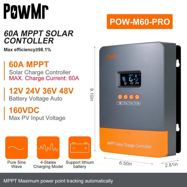 PowMr MPPT Solcellelader, Maksimal Strøm 100A, Understøtter 12V-48V Batterier,MPPT 60A