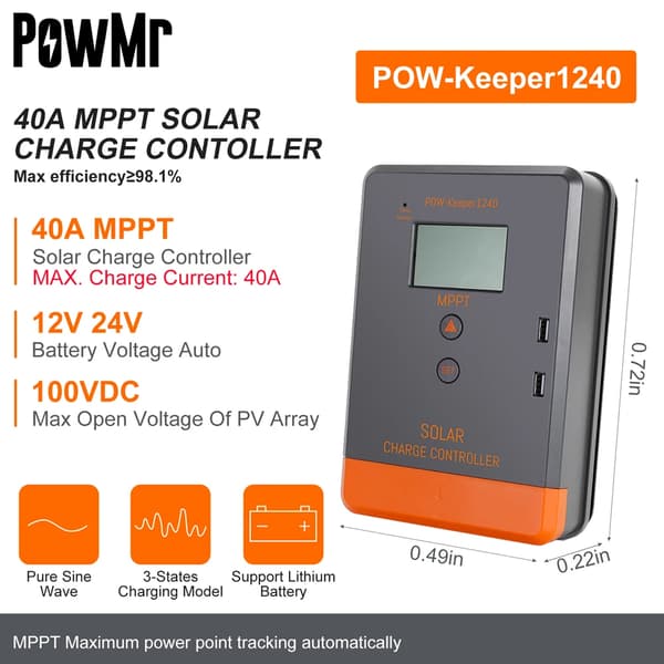 PowMr MPPT Solcellelader, Maksimal Strøm 100A, Understøtter 12V-48V Batterier,MPPT 40A