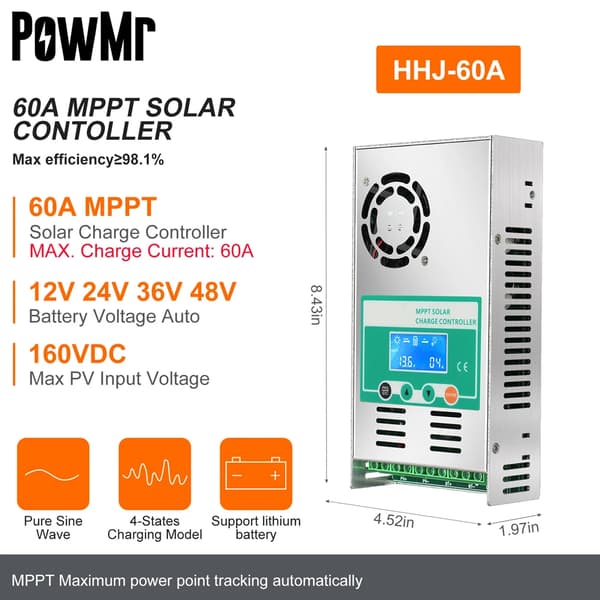 MPPT Solcelleladeregulator, 60A Maksimal Strøm, 160VDC Indgangsspænding,MPPT 60A, 12V 24V 36V 48V