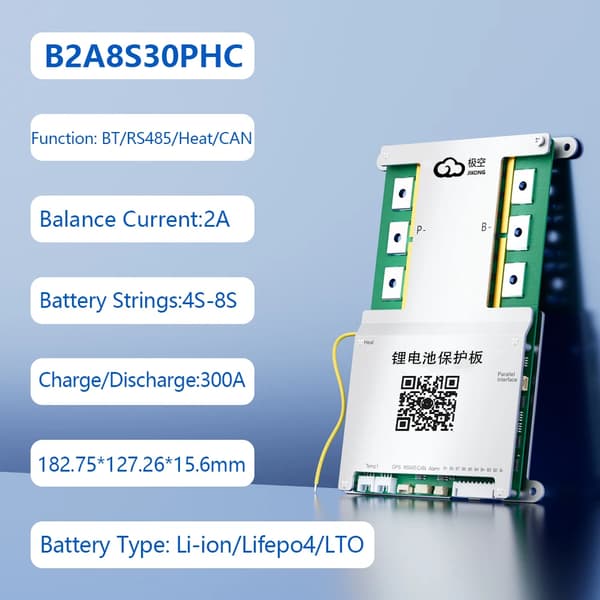 Smart Battery Management System, Bluetooth og RS485 Kommunikation, 300A Opladning/Entladning,300A, JK-B2A8S30P-HC, 8s