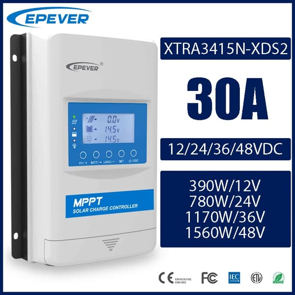 MPPT Solcelleladeregulator, 30A Strøm, 12/24V Automatisk Spænding,XTRA3415N