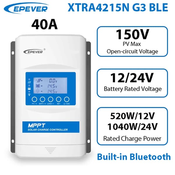 40A MPPT Solcelleladeregulator, 150V Åben Kredsløbsspænding, Bluetooth-aktiveret,40A, XTRA4215N G3 BLE