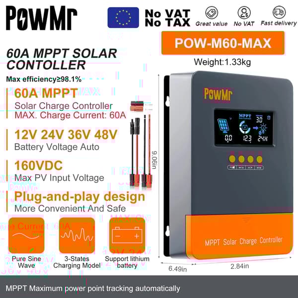 MPPT Solcelleladeregulator, 60A Maksimal Strøm, 160VDC Indgangsspænding,12V 24V 36V 48V, MPPT 60A-Stik