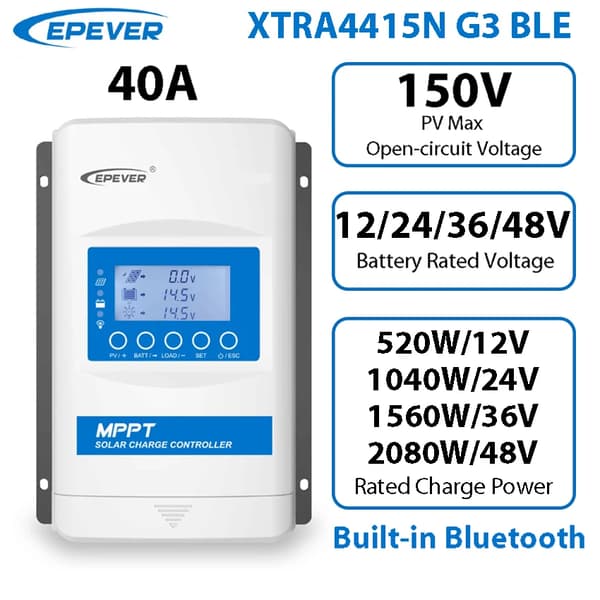 40A MPPT Solcelleladeregulator, 150V Åben Kredsløbsspænding, Bluetooth-aktiveret,40A, XTRA4415N G3 BLE