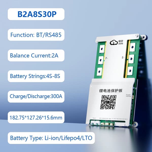 Smart Battery Management System, Bluetooth og RS485 Kommunikation, 300A Opladning/Entladning,300A, JK-B2A8S30P, 8s