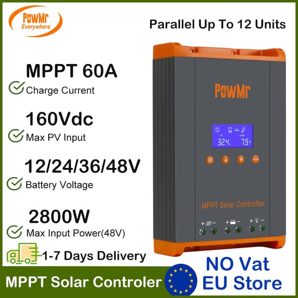 MPPT Solarbatterikontroller, Maksimal Strøm 60A, Systemspænding 12V-48V, Maksimal PV Indgang 160Vdc,POW MPPT-60A Pro