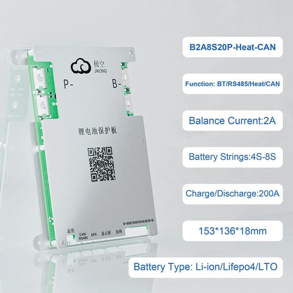 Batteristyringssystem, 200A Opladning/Afladning, Aktiv Balanceringsfunktion,JK-B2A8S20P-Heat-CAN