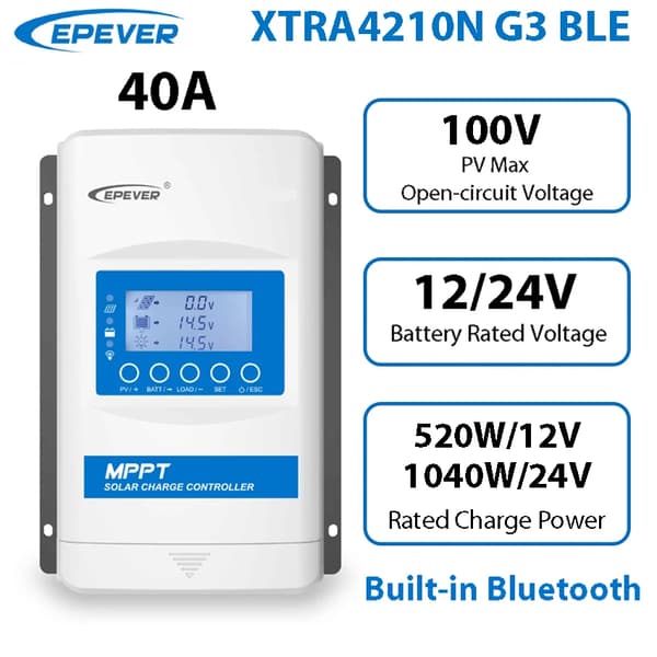 Solcelleladeregulator, Maksimal Strøm, 12/24V Nominel Spænding, 100V Maks PV Spænding,12V 24V, 40A, XTRA4210N G3 BLE