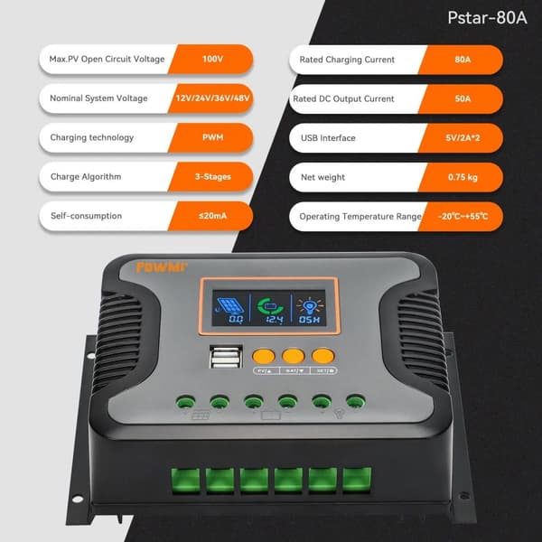 Solcelleladekontrol, 80A Nominel Strøm, PWM Teknologi,80A