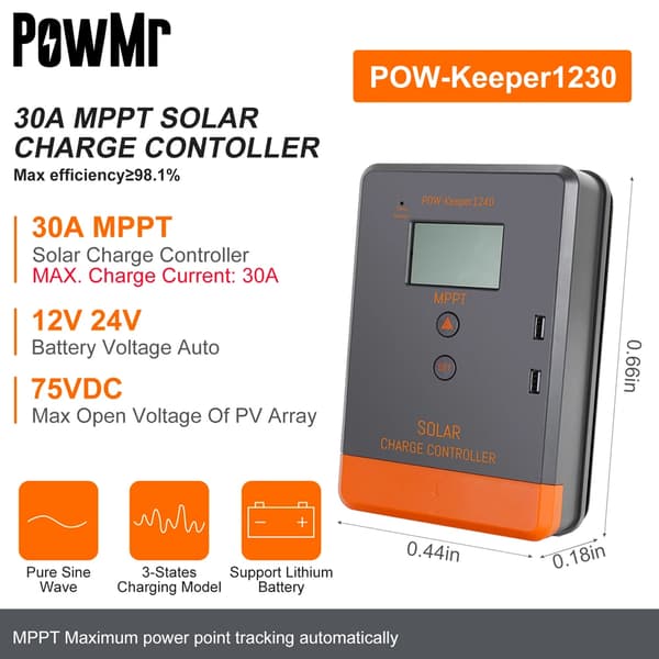 MPPT Solcelleladeregulator, 30A Maksimal Strøm, Automatisk 12V/24V Spændingsdetektion,30A