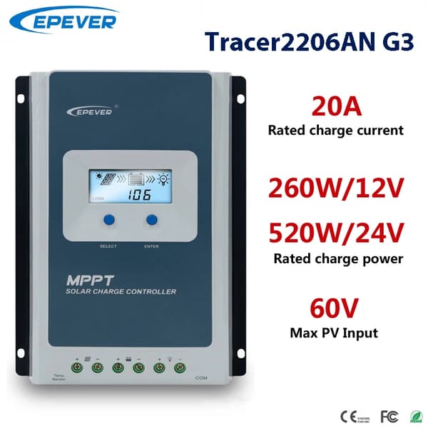 MPPT Solcelleladeregulator, 20A Nominel Lade Strøm, Kompatibel med Blysyre- og Lithium-ion Batterier,Tracer2206AN G3