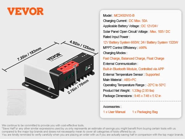 Solcelleladekontrol, Bluetooth-kommunikation, MPPT-kontrol effektivitet ≥98%,50A