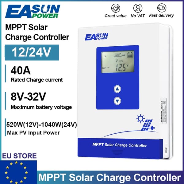 Solcelleladeregulator, 12V / 24V, Flere batterikompatibilitet,40A