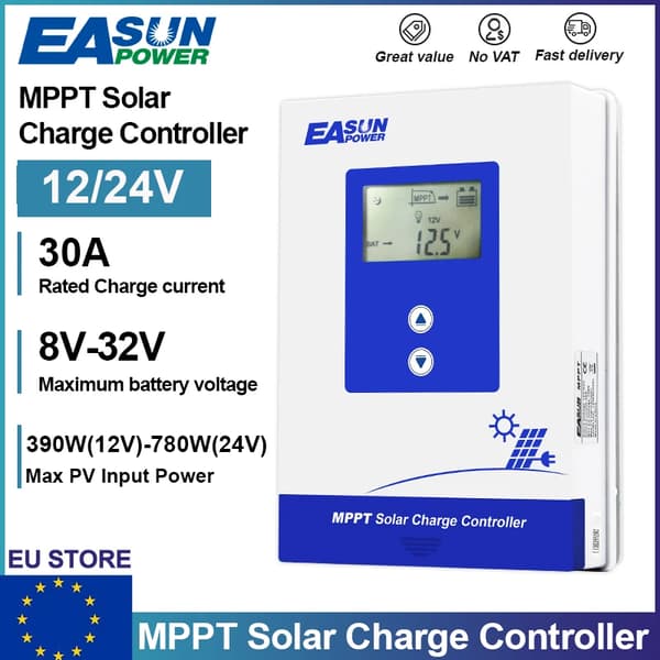 Solcelleladeregulator, 12V / 24V, Flere batterikompatibilitet,30A