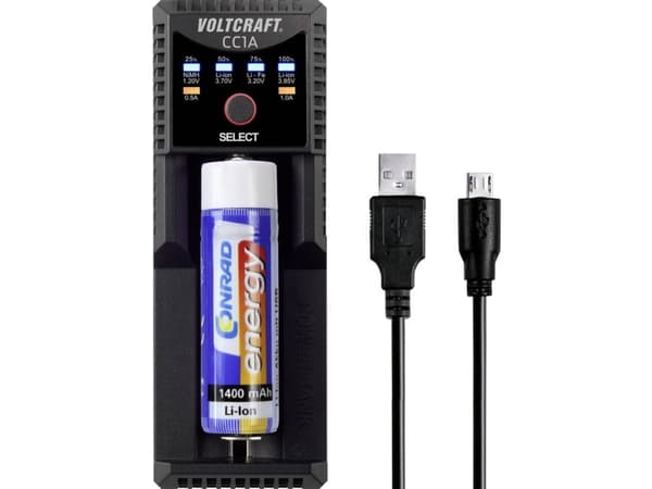 VOLTCRAFT CC1A Oplader til runde celler NiMH, Li-Ion, LiFePO , NiCd R6 (AA), R03 (AAA), R14, 10440, 10500, 12500, 12650, 13650, 14500, 14650, 16340,