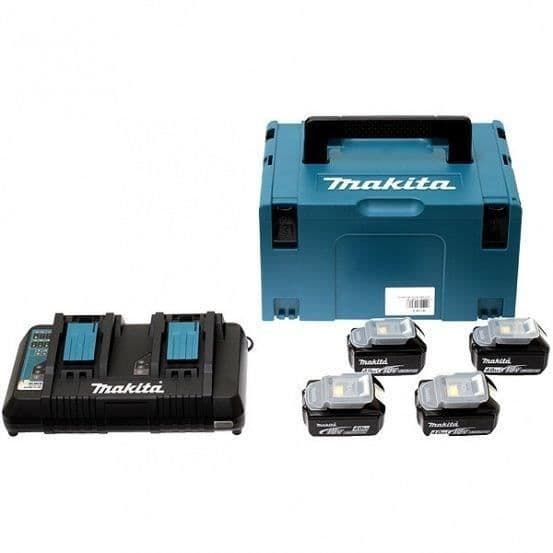 MAKITA Energy Pack 18 V Li-ion - 4 batterier (4Ah) + 1 dobbelt oplader i Makpac Box - 197503-4