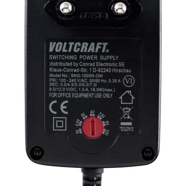 VOLTCRAFT VC-11258695 Nätadapter ställbar 3 V/DC, 4.5 V/DC, 5 V/DC, 6 V/DC, 7.5 V/DC, 9 V/DC, 12 V/DC 1.5 A 18 W Utgång