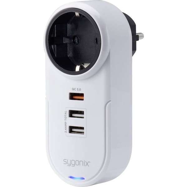 Sygonix TY1721 USB-laddare 18 W 3x USB-A, Jordat kontaktuttag Quick Charge 3.0 Vit Inomhus
