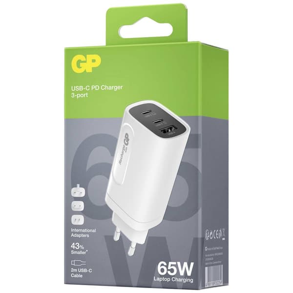 GP GPWCGM3AWHUSB254 USB-laddare 65 W 1x USB-A, 2x USB-C® Power Delivery Vit Inomhus