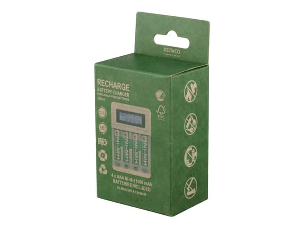 DELTACO - 4-6 t batterilader - (for 4xAA/AAA) + batteri 4 x AAA - hvit