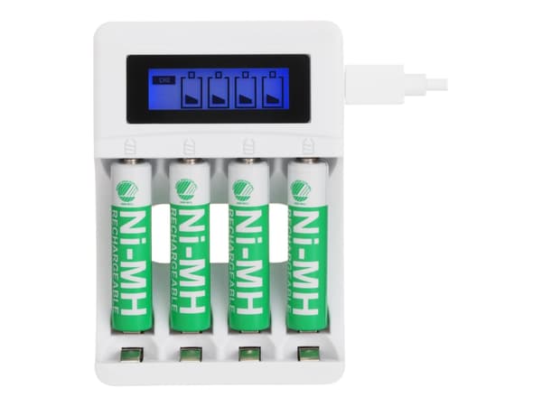 DELTACO - 4-6 t batterilader - (for 4xAA/AAA) + batteri 4 x AAA - hvit