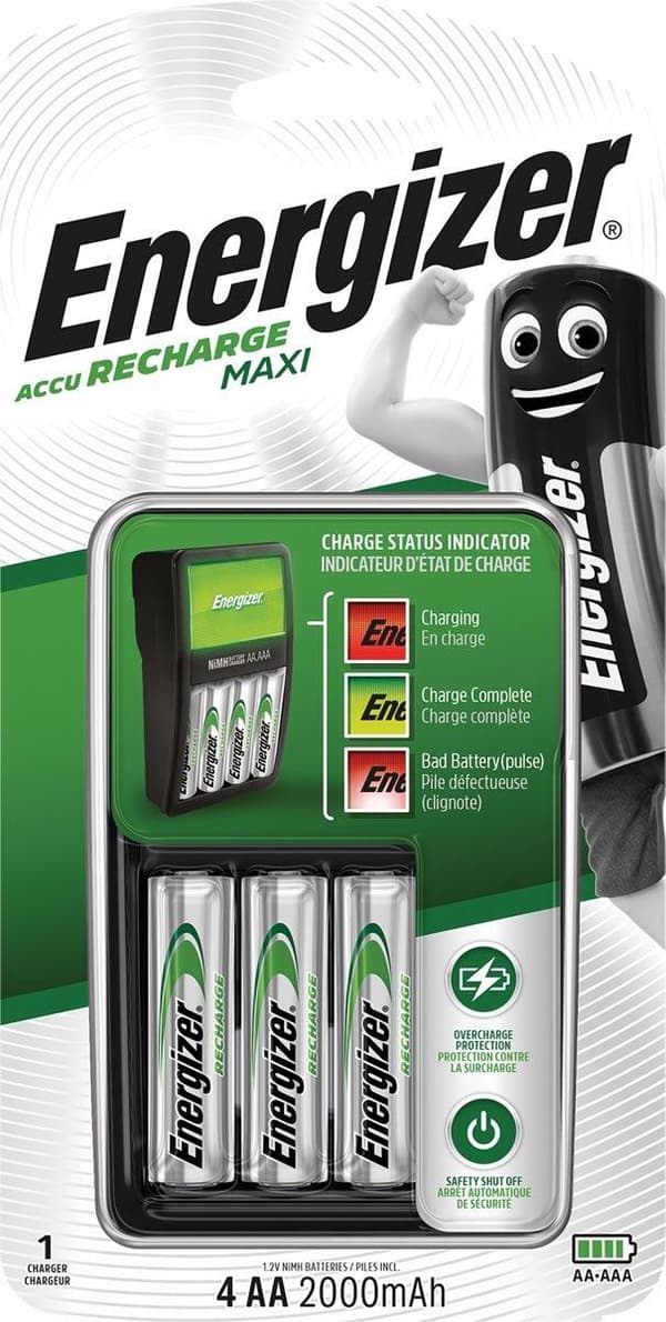 ENERGIZER Maxi ACCU HR6 POW batterioplader + 2 AA 2000 mAh batterier