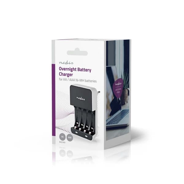Nedis NiMH Batteriladdare AA / AAA | 1.2 V DC | Underhållsladdning | Euro / Typ C (CEE 7/16) | Batteritypsenergi: AA / AAA | Svart / Vit