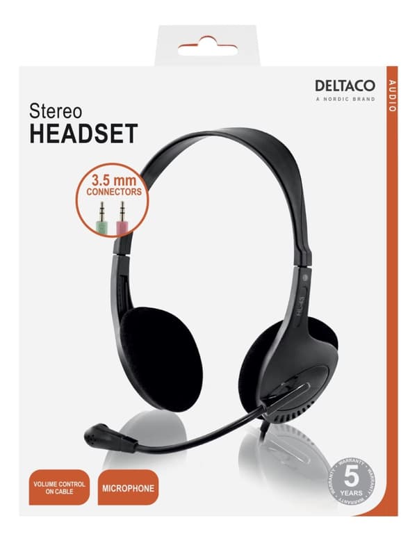 DELTACO headset, volumenkontrol på kablet, 2 x 3,5 mm, 2,5 m kabe