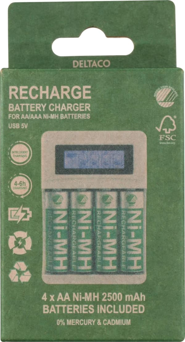 DELTACO Ultimate Ni-Mh USB laddare med 4 x AA batterier