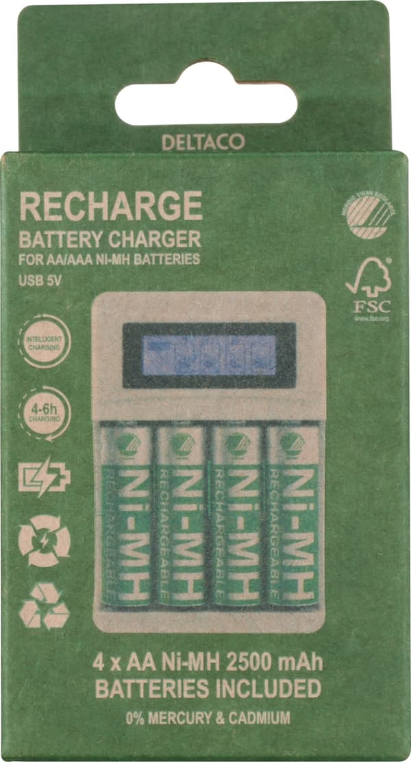 DELTACO Ultimate Ni-Mh USB laddare med 4 x AA batterier