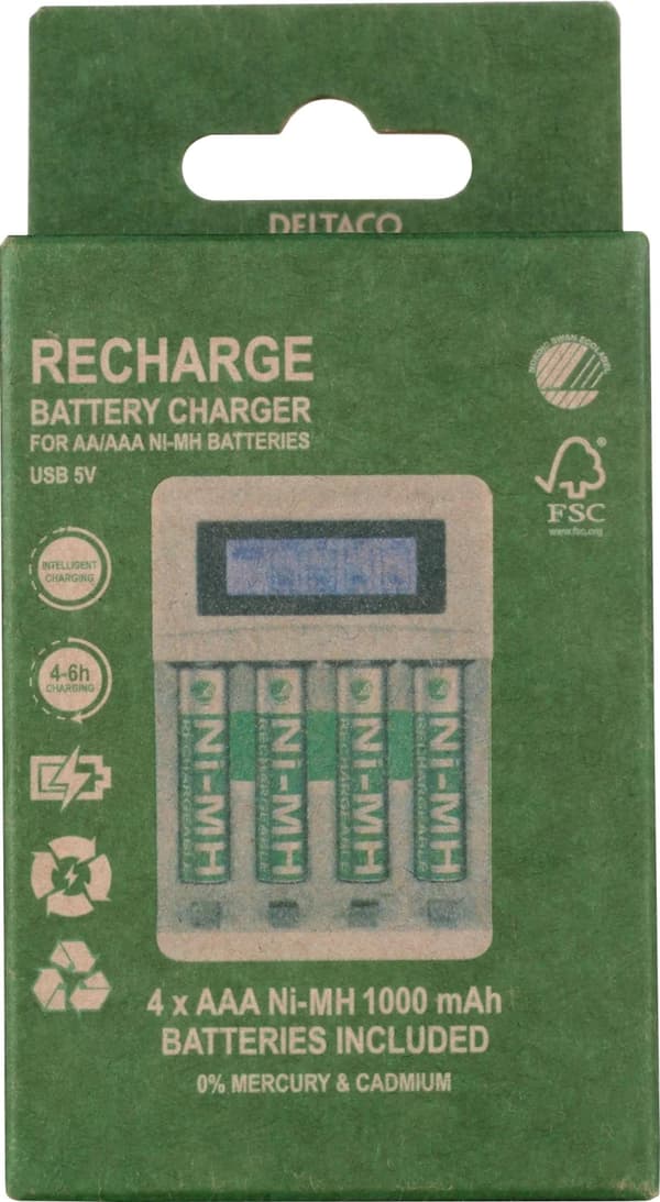 DELTACO Ultimate Ni-Mh USB laddare med 4 x AAA batterier