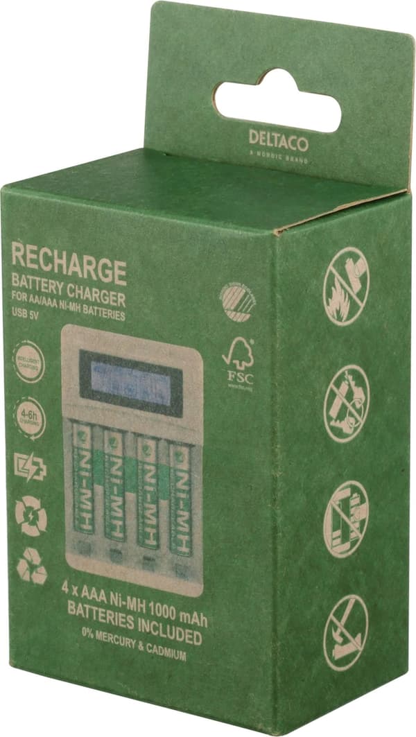 DELTACO Ultimate Ni-Mh USB laddare med 4 x AAA batterier