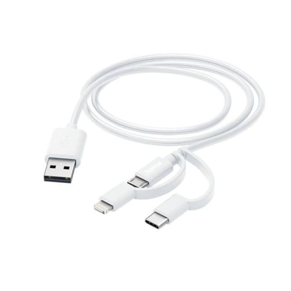 Hama 3-i-1 multiopladningskabel USB-A - Micro USB USB-C og lyn 1,0 M hvid