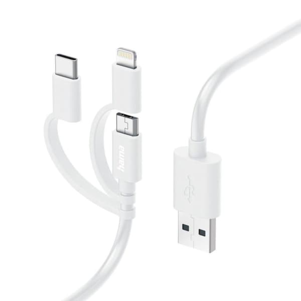 Hama 3-i-1 multiopladningskabel USB-A - Micro USB USB-C og lyn 1,0 M hvid