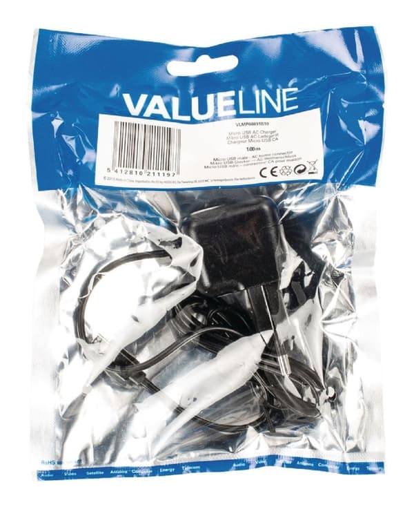 Valueline VLMP60891B10 Laturi 2.1 A Micro USB Musta